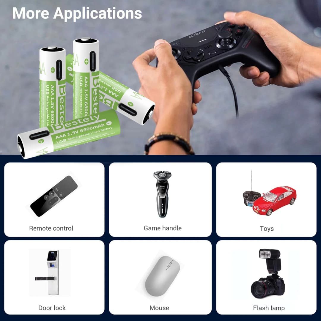 بطاريات ليثيوم أيون AAA 6800mAh 1.5 فولت بطاريات ليثيوم أيون AAA عالية السعة وقابلة لإعادة الشحن بطارية ليثيوم أيون تدوم طويلاً مع كابل شحن سريع USB-C - 6