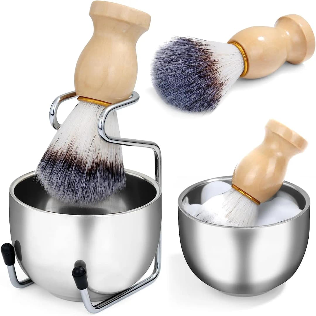 Mens Shaving Brush and Bowl Set, 3-in-1 Shaving Brush Kit Wood Handle with Stainless Steel Shaving Bowl & Brush Standas - 3