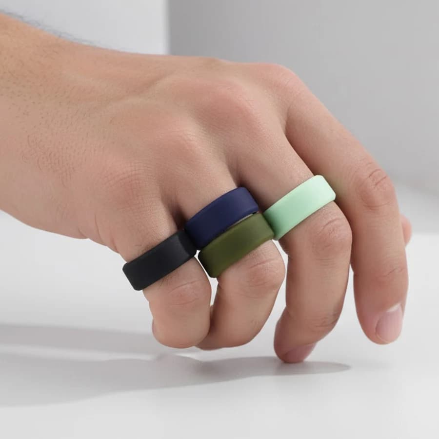 7 Pack Men's Silicone Wedding Bands, 8mm Wide Rubber Rings for Workout Sports, Comfort Fit Ring Set, Gift for Husband Him - 3