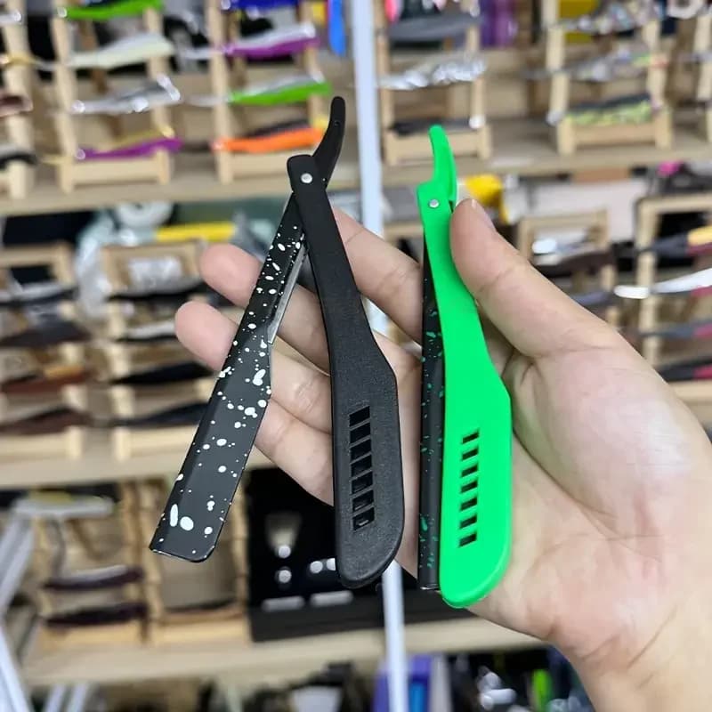 حامل ماكينة حلاقة قابلة للطي كلاسيكية للرجال، أداة حلاقة يدوية بنمط تمويه، ماكينة تشذيب لحية بحافة مستقيمة - 5