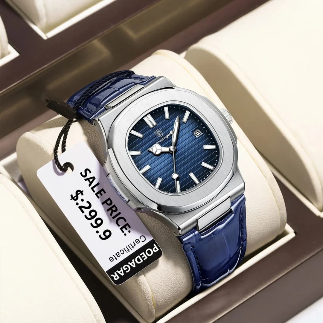 ساعة POEDAGAR فاخرة مربعة للرجال بتاريخ مقاومة للماء مضيئة ساعة يد رجالية من الجلد عالي الجودة كوارتز ساعات رجالية + علبة ريلوج - 2