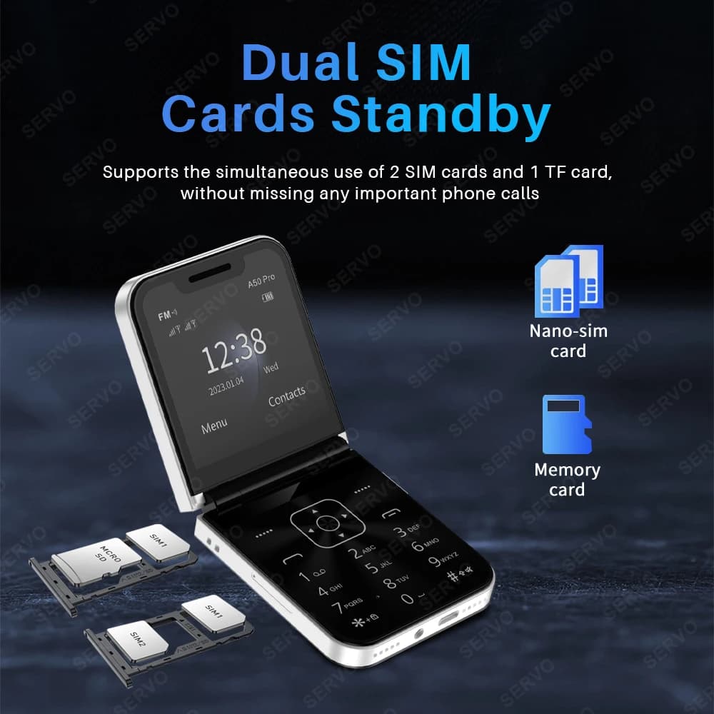 SERVO A50 PRO هاتف محمول قابل للطي بشاشة 2.4 بوصة اتصال سريع تسجيل المكالمات قائمة سوداء شريحتين مفتوح قابل للطي إصدار جديد - 6