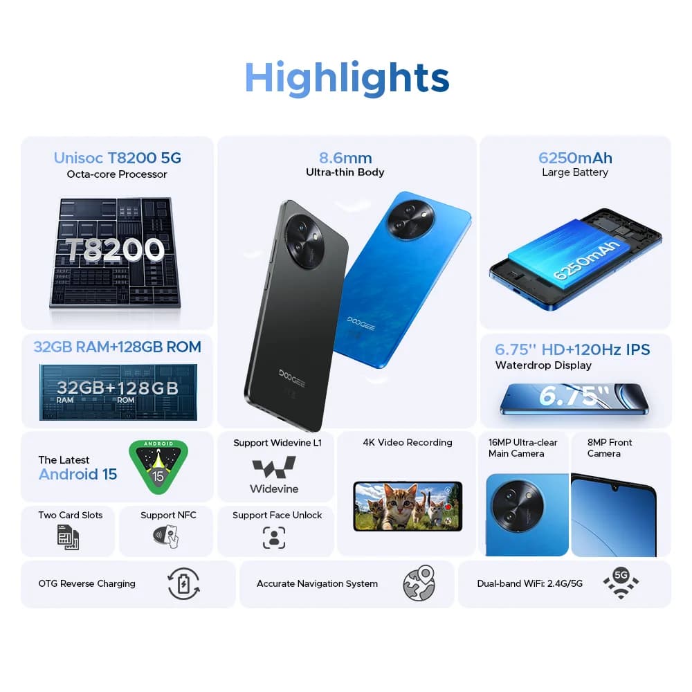 Global Version DOOGEE Note 59 5G Smart Phone Android 15 6250mAh Large Battery 6.75" 120Hz 8GB RAM 128GB ROM NFC Mobile Phone - 2