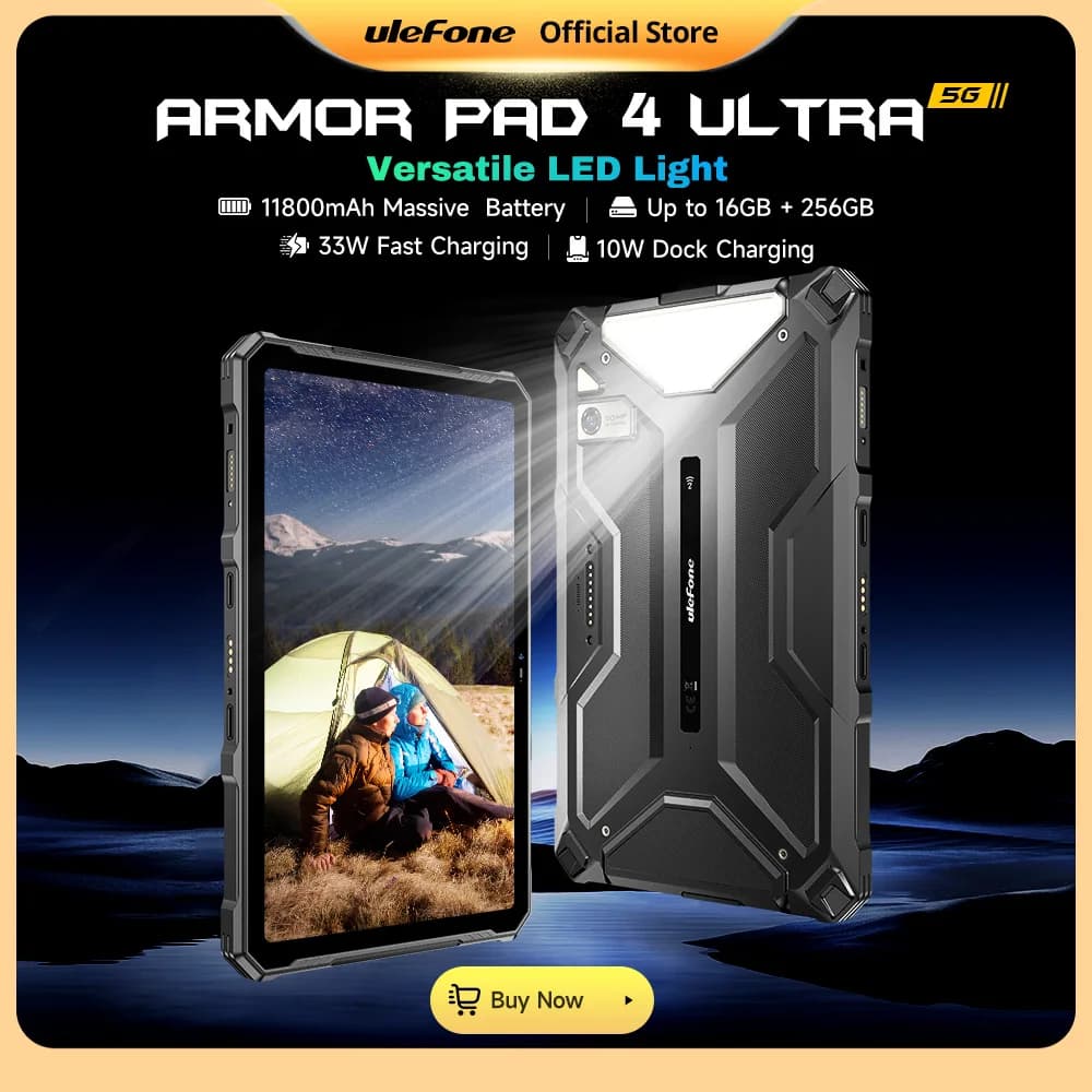 جهاز Ulefone Armor Pad 4 Ultra اللوحي المتين 5G بتصنيف IP68/IP69K وإضاءة LED وبطارية 11800 مللي أمبير وشحن سريع وذاكرة 16 جيجابايت + 256 جيجابايت وكاميرا 50 ميجابكسل