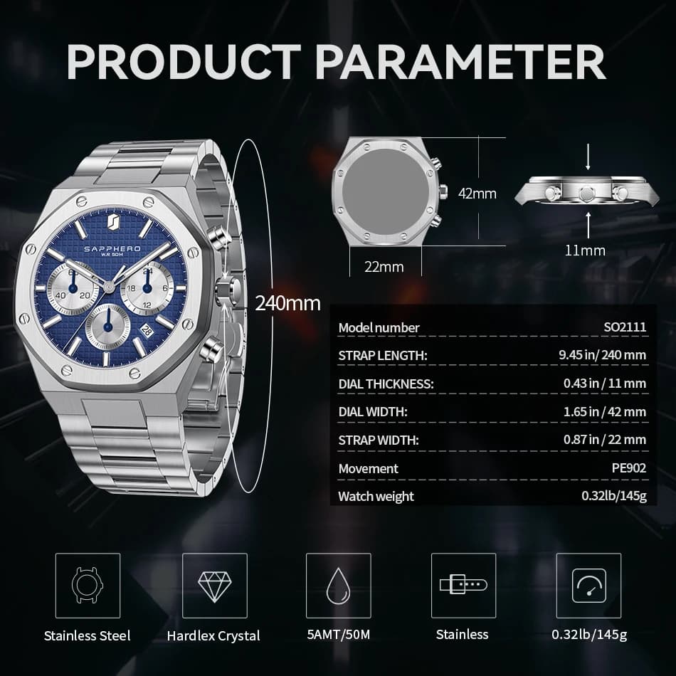 ساعة SAPPHERO رجالية مقاومة للماء مع كرونوغراف وتاريخ وعقارب متوهجة، ساعة عمل من الفولاذ المقاوم للصدأ هدية للرجال - 5