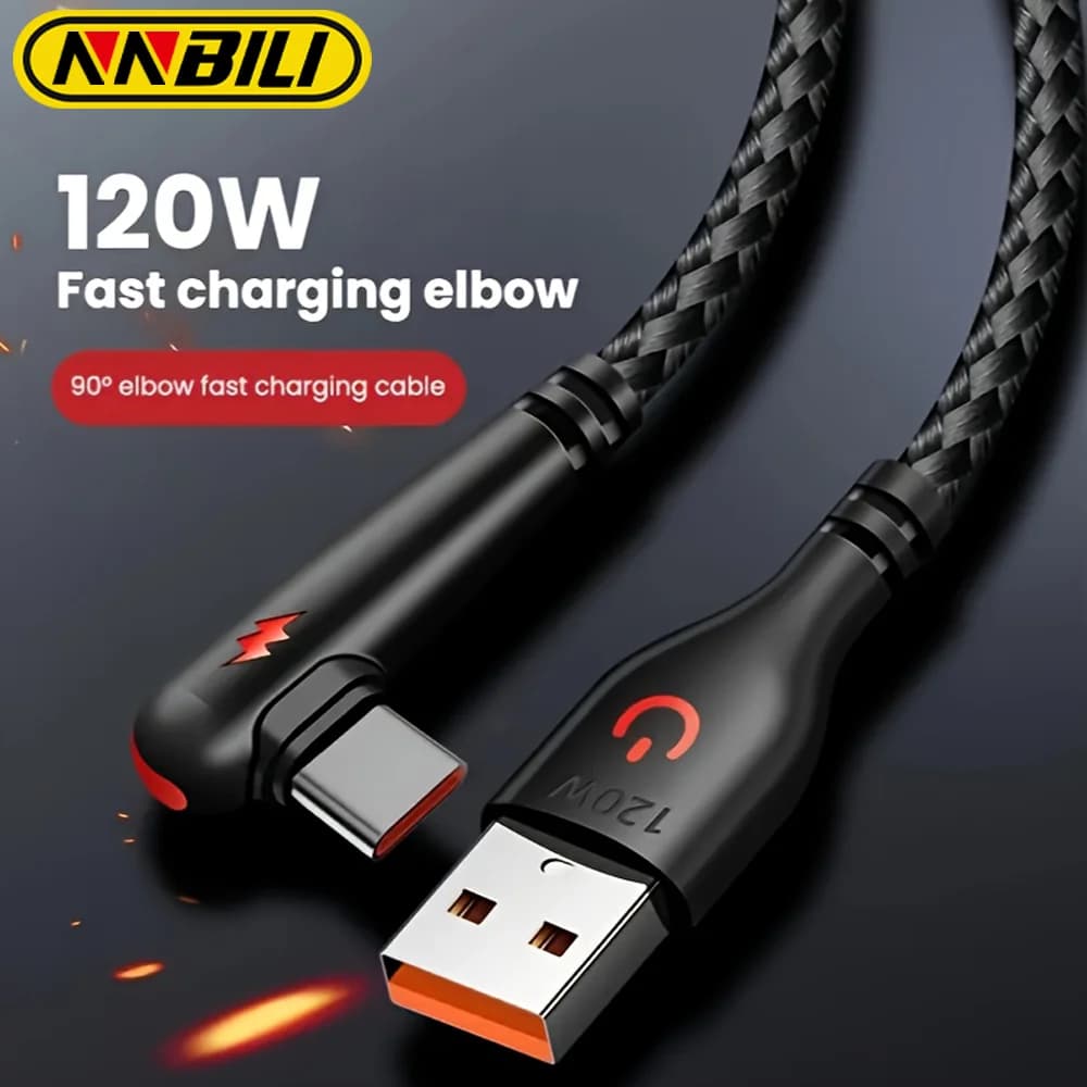 كابل NNBILI 120 وات شحن سريع USB إلى Type-C، مضفر من النايلون، 90 °   تصميم الانحناء، مناسب للشحن عالي السرعة لهاتف Huawei oppo