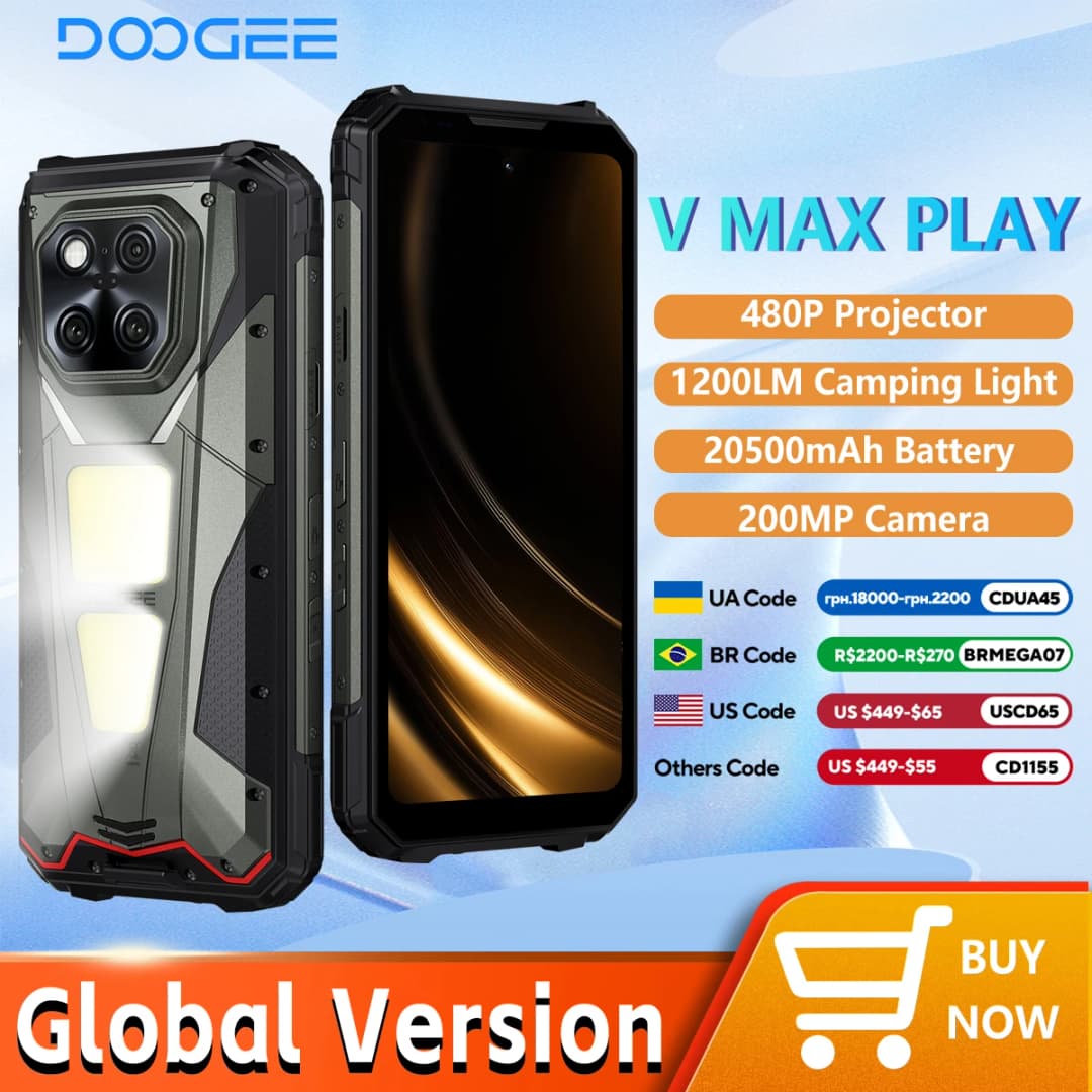 هاتف DOOGEE V MAX PLAY 5G متين مع جهاز عرض، 16 جيجابايت رام و512 جيجابايت ذاكرة، معالج Dimensity 7300، شاشة 6.78 بوصة بمعدل تحديث 120 هرتز، إضاءة تخييم مزدوجة، كاميرا 200 ميجابكسل