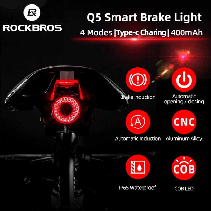 ROCKBROS إضاءة ذكية للدراجة مع مستشعر فرامل تلقائي IPx6 مقاومة للماء إضاءة LED قابلة للشحن إكسسوارات إضاءة خلفية للدراجة Q5