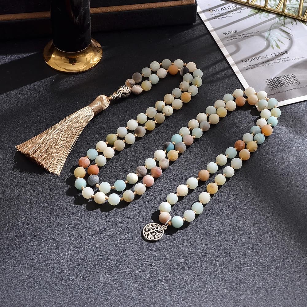 8mm Natural Mattle Amazonite Beaded Knotted 108 Mala Necklace Meditation Yoga Prayer Japamala Rosary For Men and Women