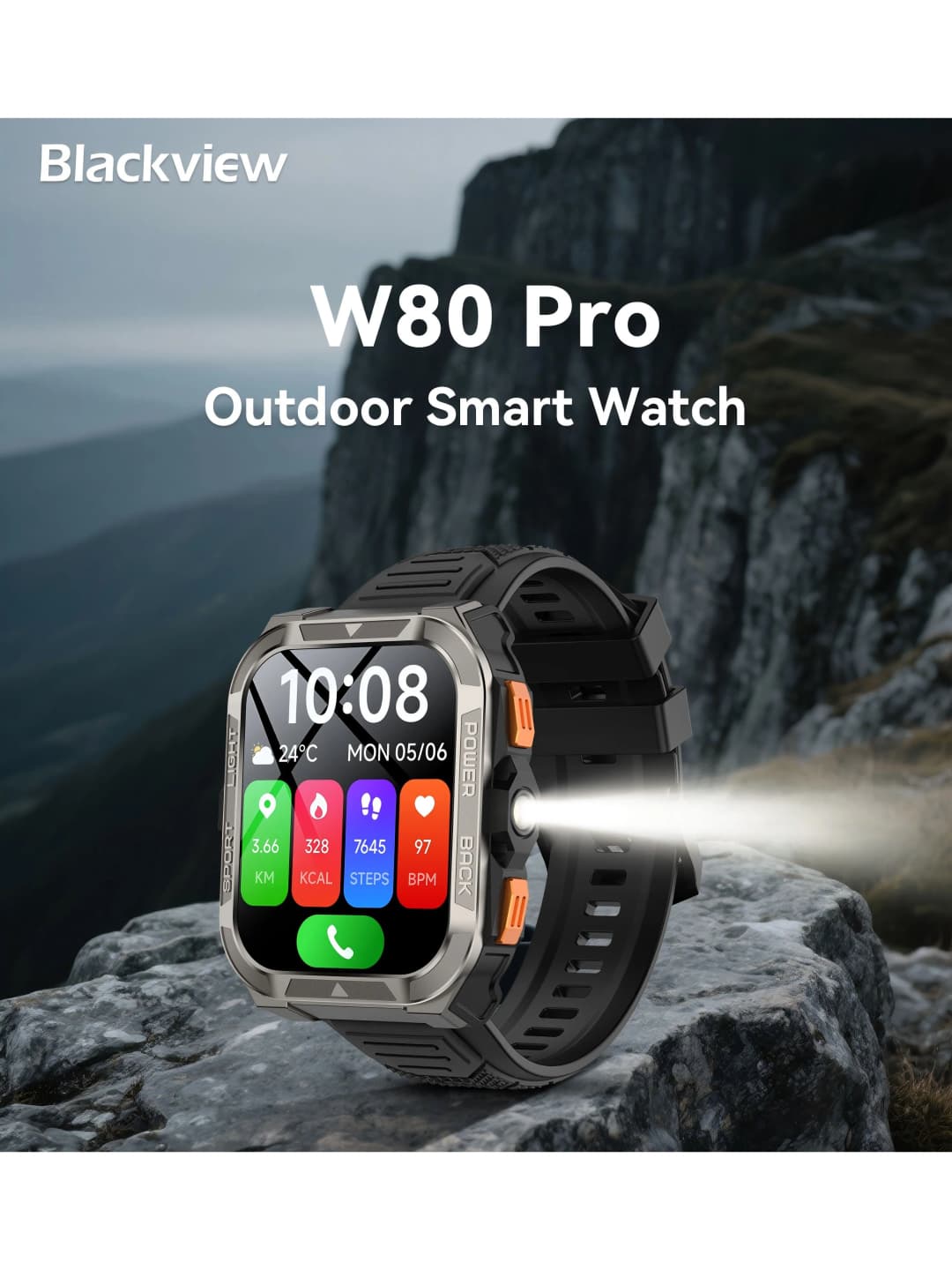Blackview W80 PRO GPS Sports Watch, 900mAh Battery Rugged Smartwatch with Compass, Health Monitoring, LED Flashlight, Calling