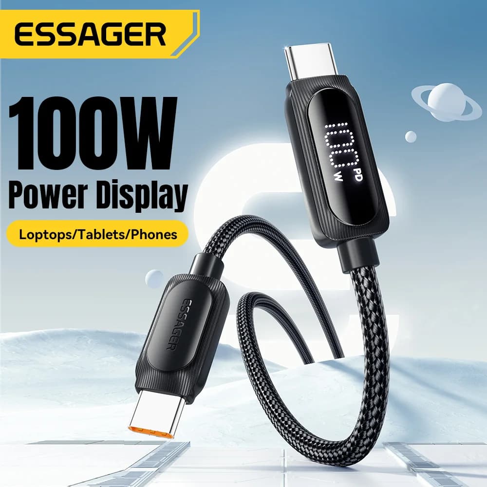كابل إيساجر 100 واط USB نوع سي طويل 3 متر سلك شحن سريع لماك بوك آيباد آيفون 17 16 15 برو شاومي سلك عرض رقمي