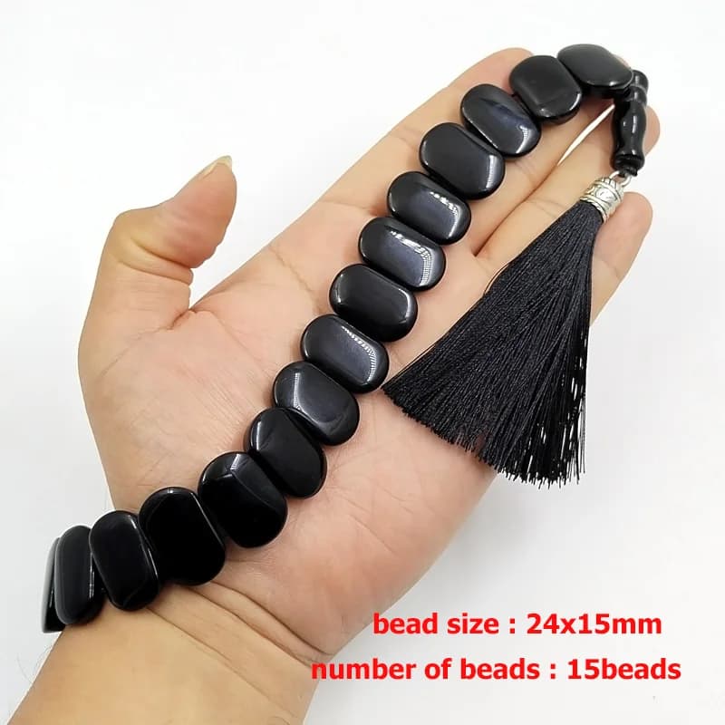 سبحة رجالية من العقيق الأسود الطبيعي، خرز على شكل صف، سوار يوناني، إكسسوارات رمضان عربية، هدية عيد إسلامية، مسبحة - 6