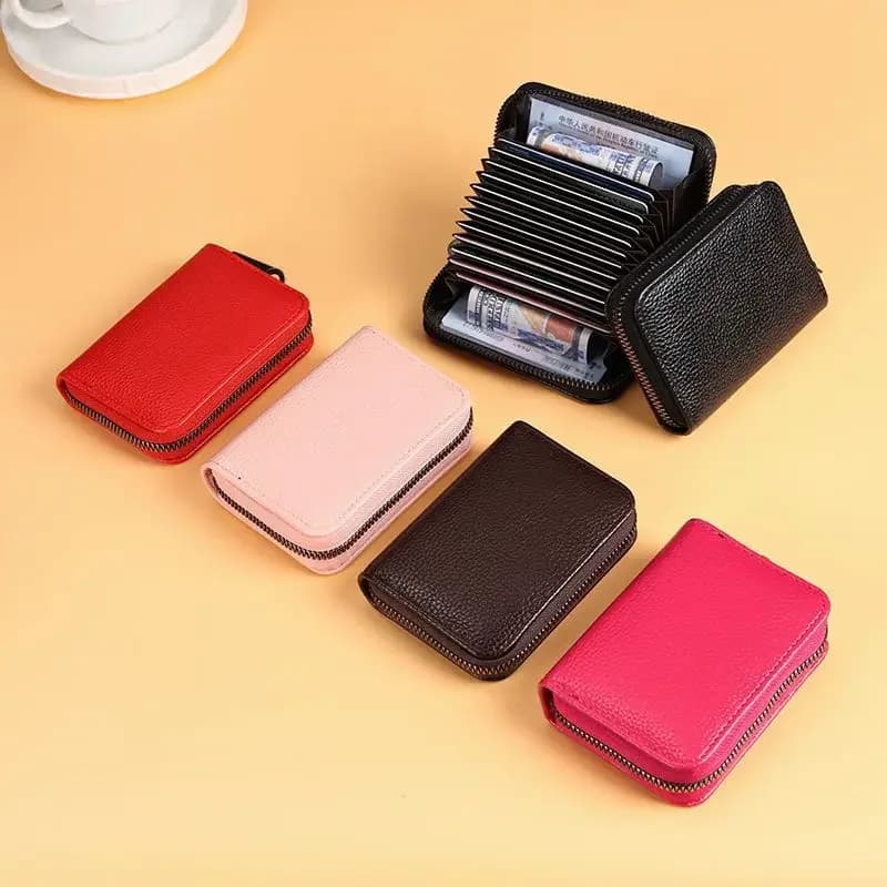Multi Slot Card Holder Vintage Small Wallet Women Men Business Bank Credit Card Bag Male Coin Pouch Solid Leather Zipper Wallet - 3