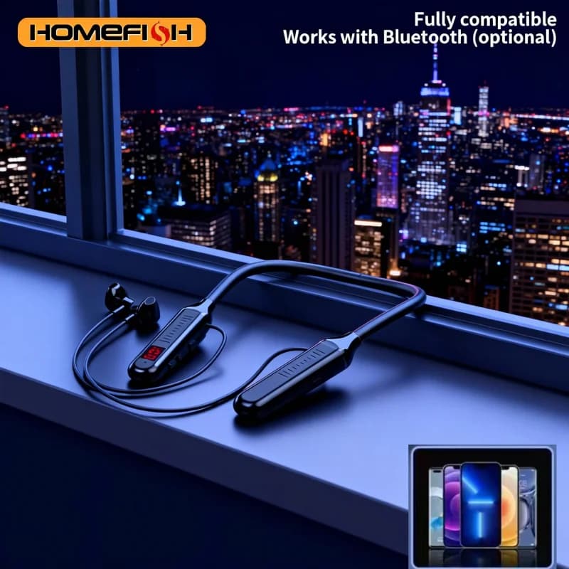 سماعات رقبة بلوتوث لاسلكية مع شاشة رقمية، سماعات ستيريو رياضية شبه داخل الأذن بسعة كبيرة - 5