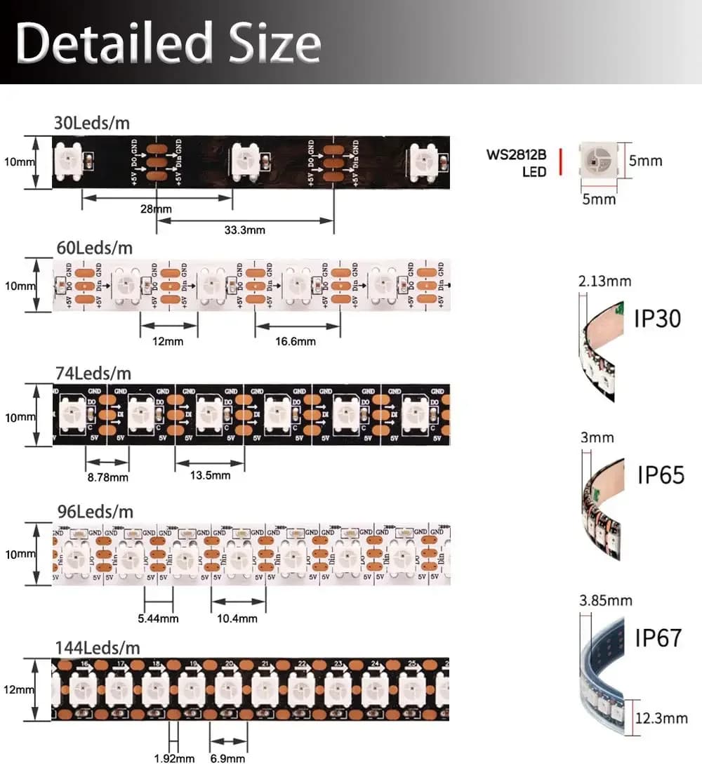 شريط إضاءة LED WS2812B DC5V 30/60/74/96/144 ليد/م ذكي قابل للعنونة بشكل فردي 5050RGB بكسل LED إضاءة IP30/65/67 - 2