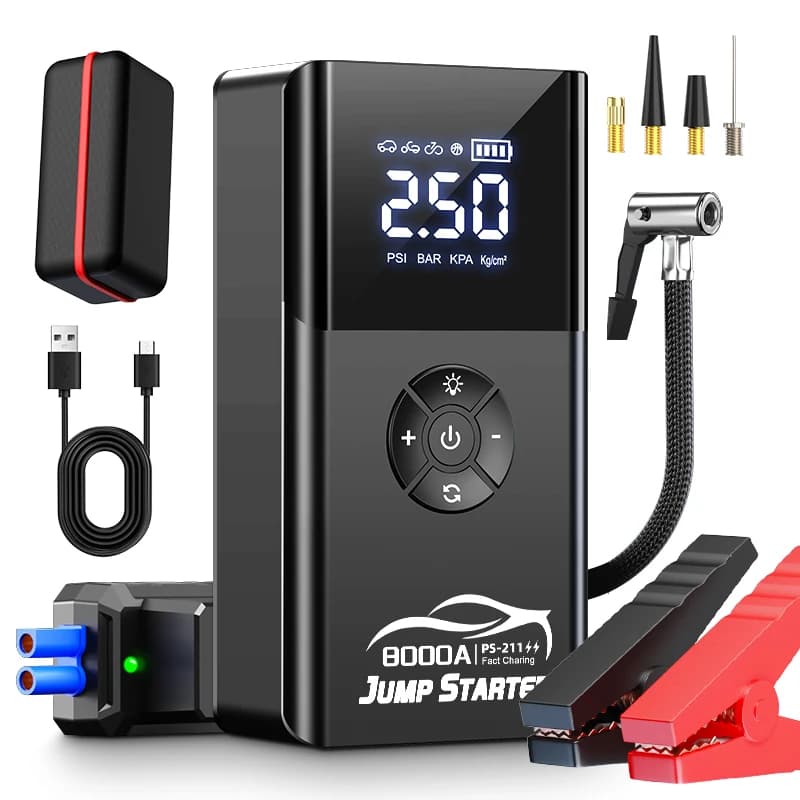 منفاخ سيارة قوي 8000 أمبير، 180psi، شاحن بطارية متعدد الوظائف 12V، بنك طاقة مع مضخة هواء