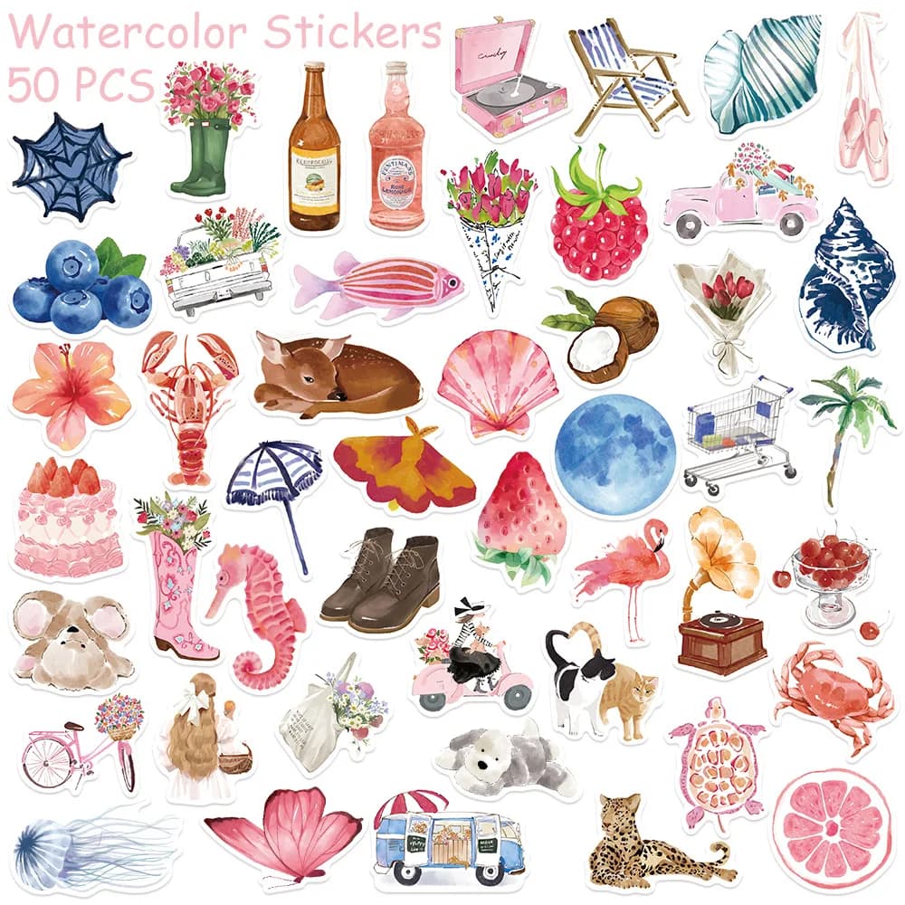 50/100pcs Watercolor Dairy Stickers Decals For Phone Laptop Scrapbook Luggage Helmet DIY Graffiti Aesthetic Stickers Gifts - 2