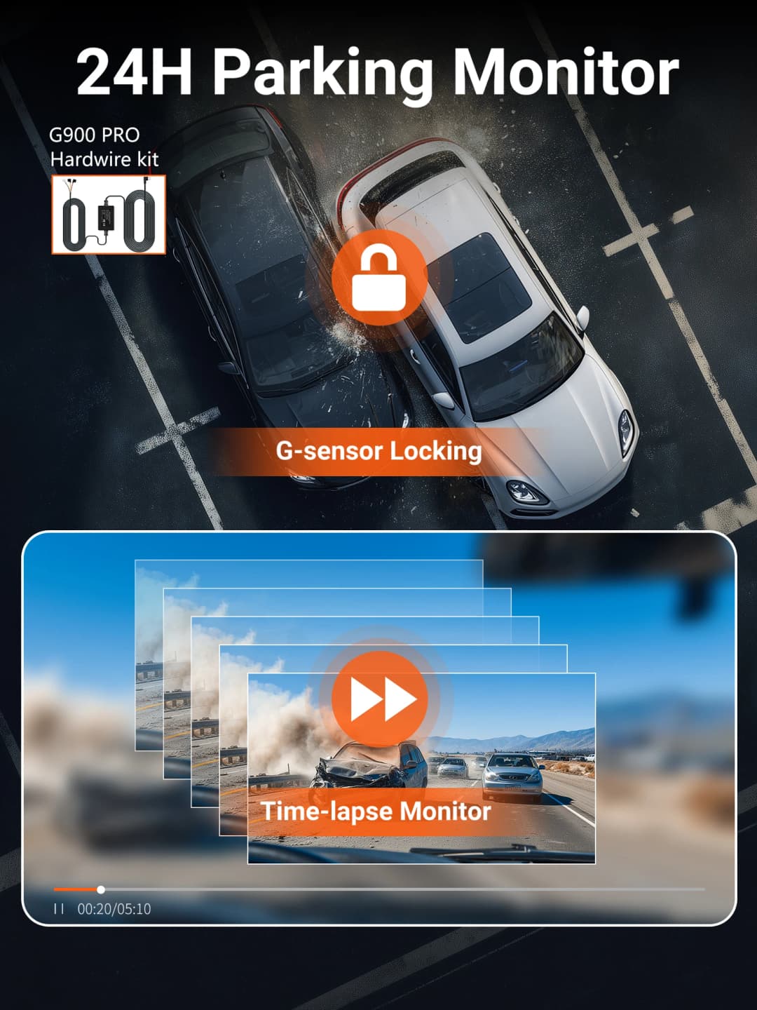 كاميرا داش للسيارة بدقة 4K UHD، تسجيل أمامي وخلفي مع HDR، رؤية ليلية، ووضع وقوف السيارات المدمج مع واي فاي - 6