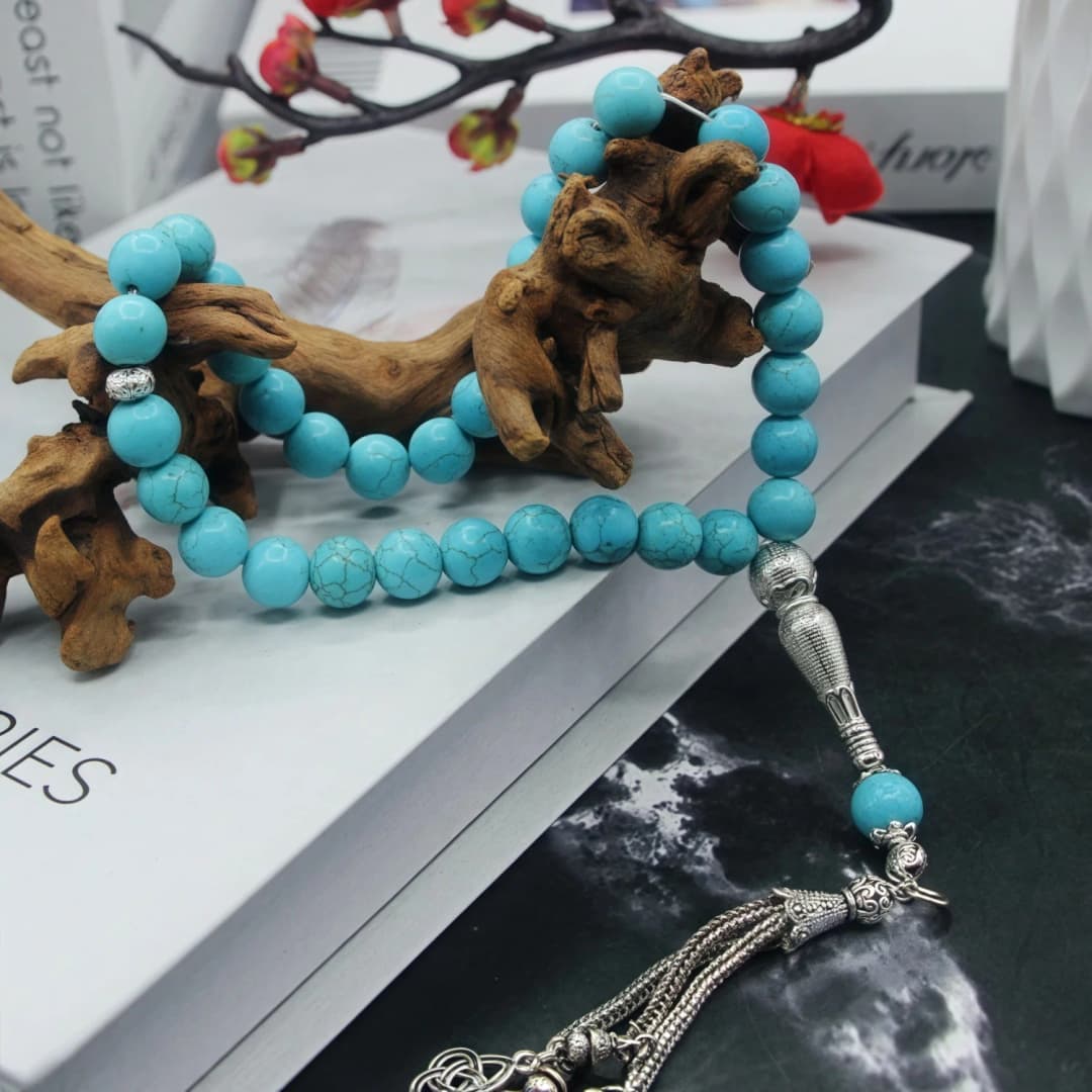 Tasbih turquoise Natural Gemstone 33 Beads Muslim Prayer Beads Metal Tassel with Islamic Gifts for Dhikr Namaz Meditation - 5