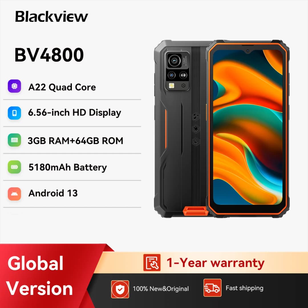 Blackview BV4800 Rugged Smartphone,6.56'' HD Display A22 Quad Core, 3GB 64GB, 5180mAh Battery, 13MP Camera, Android 13 Phone