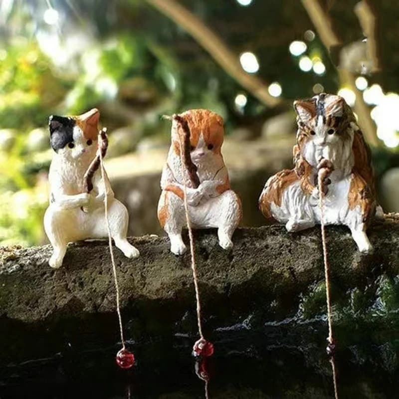 Fish  Landscaping Fishing Cat Ornaments Mini Resin Figurine Cartoon Cat Statue for Home Office Aquarium Decoration - 3