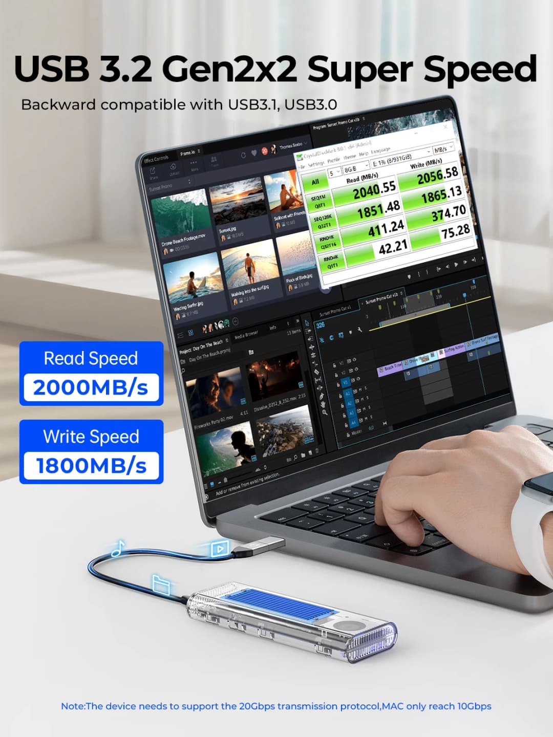 ORICO 20Gbps M.2 NVME SSD Case Enclosure with Cooling Fan USB 3.2 Gen 2 x 2 PCIE NVME Adapter Tool Free 4TB for PCIe M Key - 2