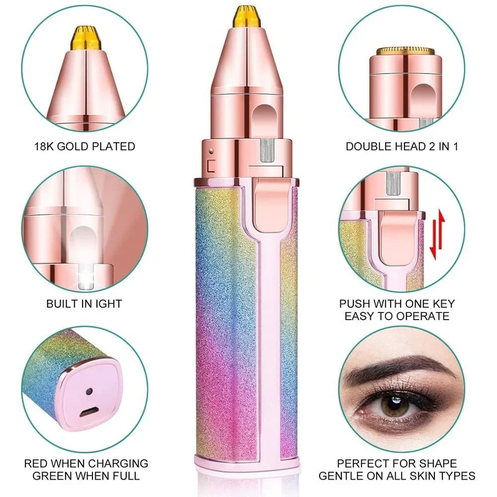 مشذب حواجب كهربائي للنساء 2 في 1، قابل لإعادة الشحن، إزالة شعر الوجه وحلاقة الحواجب بدون ألم، ماكينة حلاقة الوجه، جهاز إزالة شعر الجسم - 2