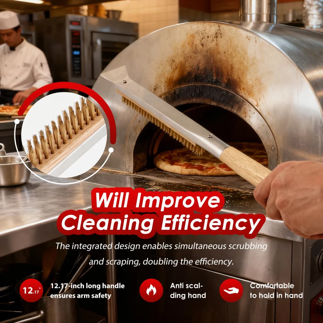 Long Handle Pizza Oven Brush Grill Tool Cleaning Brush with Stainless Steel Scraper Kitchen Pizza Oven Brush Baking Accessories - 4