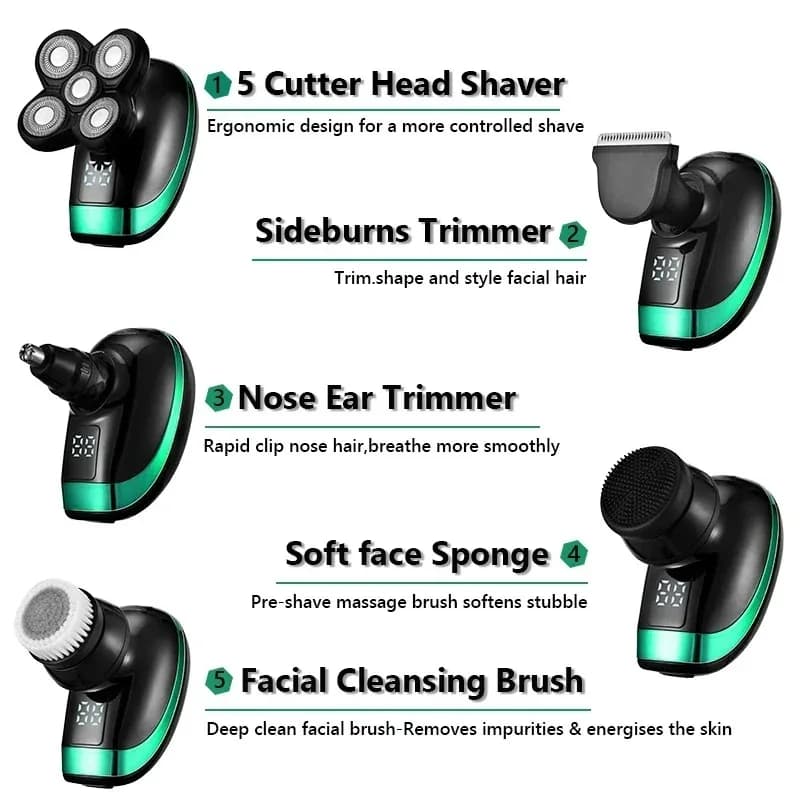 Tinsol 5 in 1 Men's Rechargeable Electric Shaver 5 Floating Head Beard, Nose and Whisker Trimmers 4D Skinhead Shaver Groomer - 6