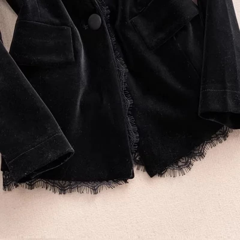 بلازر مخملي أسود فاخر للنساء | جاكيت قصير بزخارف ذهبية وحواف دانتيل | معطف خارجي للربيع والخريف G872 - 5