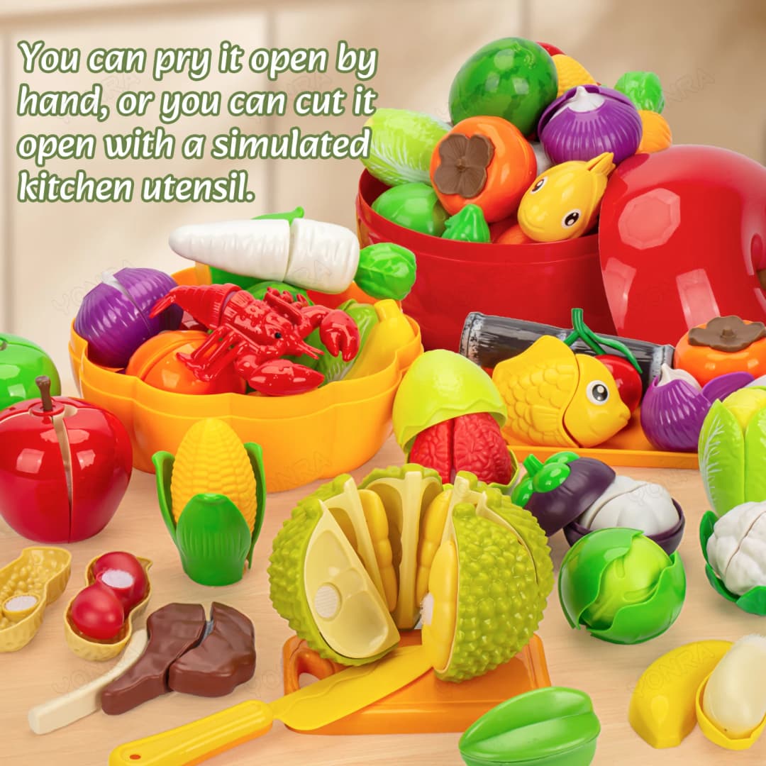 Cutting Play Food Toy for Kids Kitchen Pretend Fruit &Vegetables Accessories with Shopping Storage Basket Toy for Toddler Gift - 3