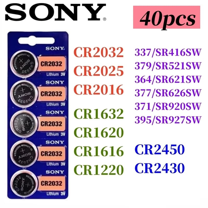40 قطعة بطاريات سوني اصلية CR2032 CR2025 CR2016 CR1632 CR1220 CR1620 CR2450 CR2430 371 SR920SW 377 SR626SW 364 399 395 SR927SW
