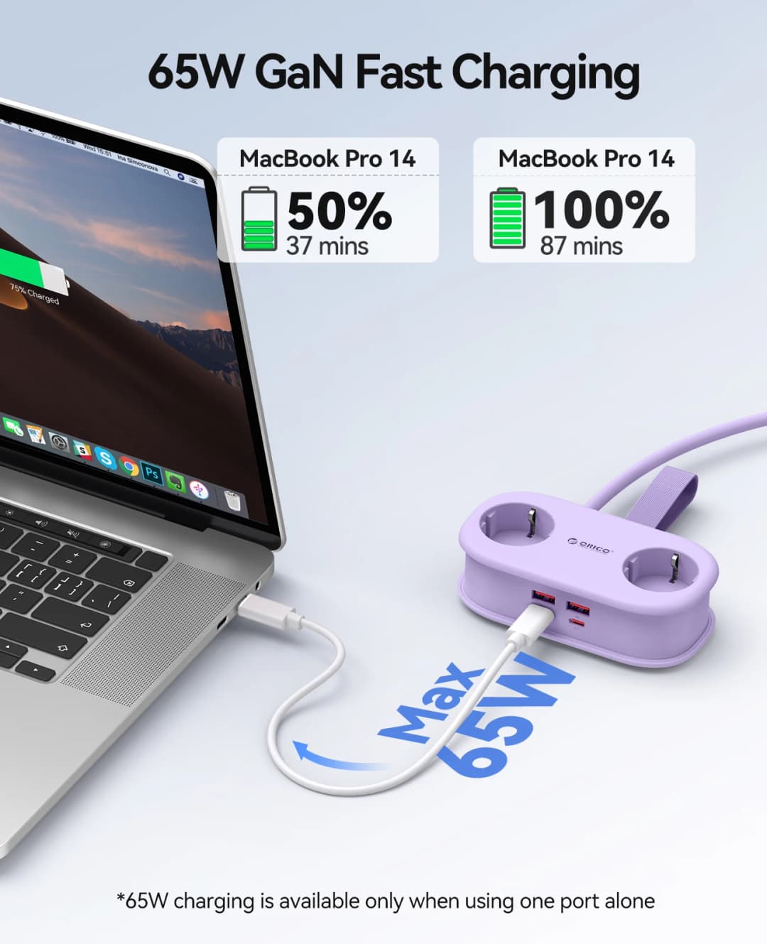 شريط طاقة ORICO قابل للطي محمول للسفر محطة شحن سريعة 65W GaN مع 2 منافذ AC و2 USB و2 Type-C محول قابس EU للمنزل - 3