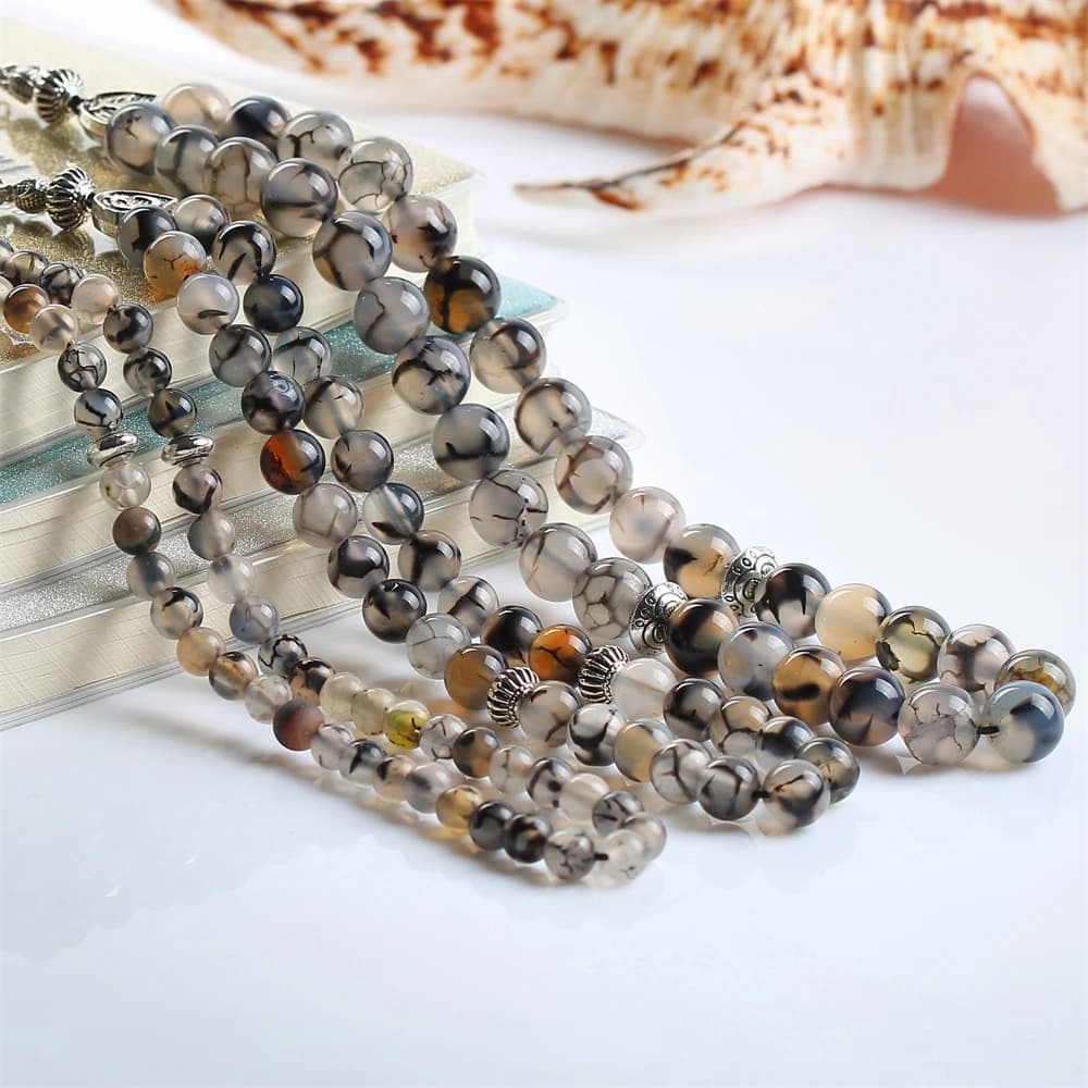 الحجر الطبيعي العقيق تسبيح مسبحة فضية اللون شرابة سبحة صلاة 33 66 99 مسبحة الإسلام - 3