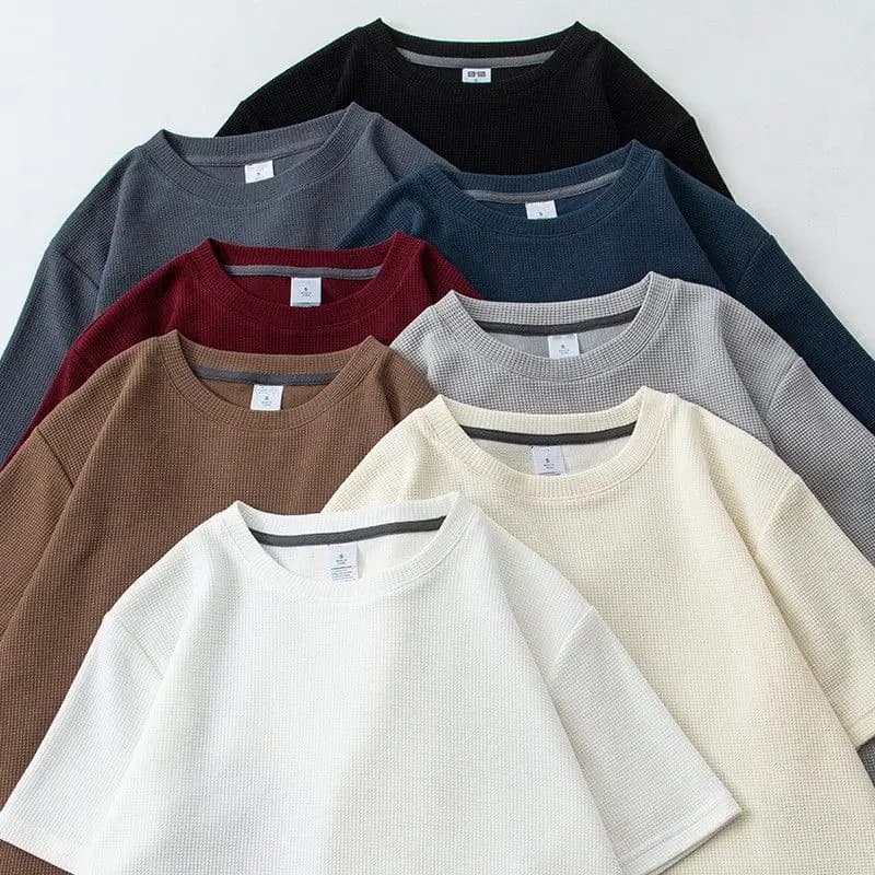 تي شيرت وافل قصير الأكمام، للرجال والنساء، صيفي، ياباني، رقبة دائرية، نصف كم، فضفاض، كاجوال، بلون سادة - 2