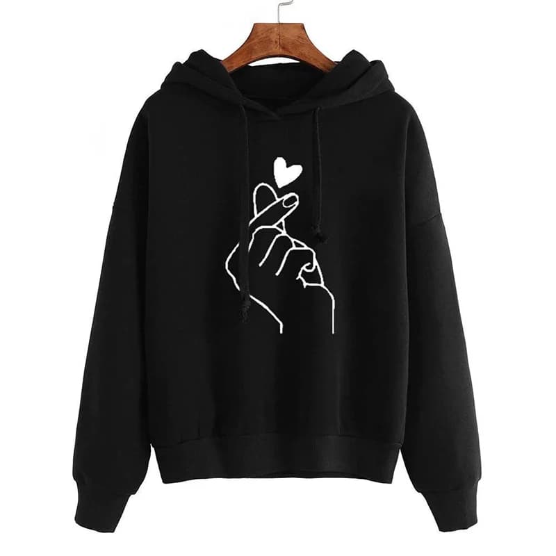 Autumn Fleece Hoodie Solid Color Finger Heart Hooded Korean Fashion Sweatshirts Long Sleeve Top Drawstring Pockets Loose Hoodies - 4
