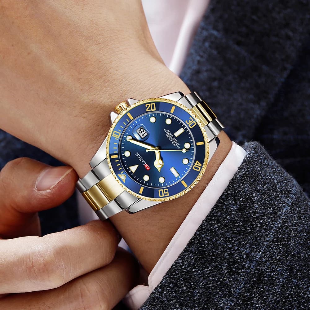 ساعة كوارتز رجالية كلاسيكية بسوار ستانلس ستيل تصميم أعمال غير رسمي 40 ملم ميناء أسود وذهبي مقاومة للماء 3Bar سلسلة ساعات reloj - 6