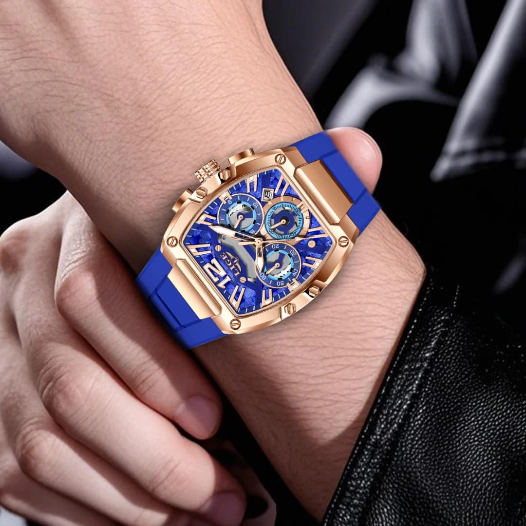 2025 LIGE New Men's Watch Multi Functional Quartz Rectangular Golden Sports Clock Casual Fashion Silicone Strap Men Watch+Box - 5