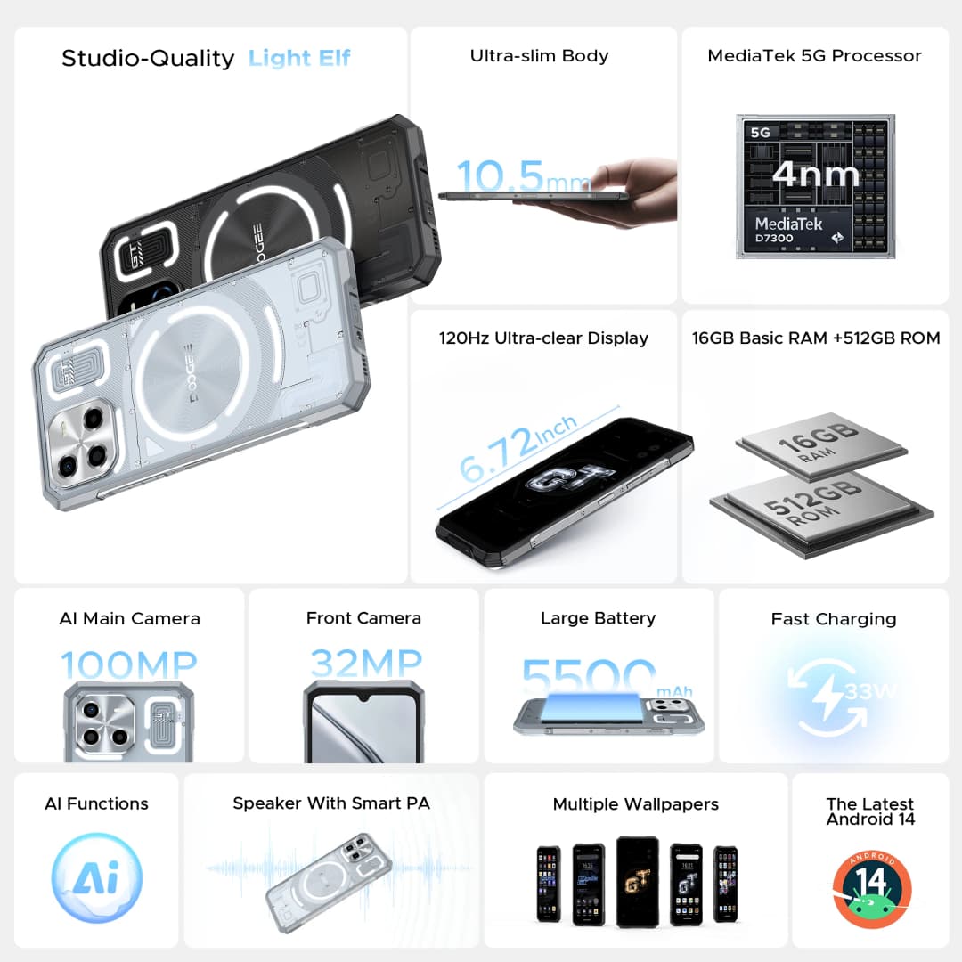 هاتف DOOGEE Blade GT Ultra 5G المتين بمعالج Dimensity 7300 وشاشة 6.72 بوصة وذاكرة رام 16 جيجابايت وذاكرة داخلية 512 جيجابايت وتأثير إضاءة LED وهاتف ذكي فائق النحافة - 2