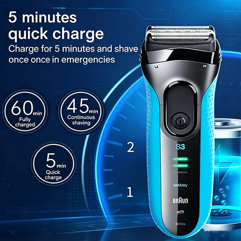 Braun 3040S Electric Shaver Wet Dry Full Body Wash Shaving Razor Sideburns Trimmer 5-Minute Fast Charging Shaving Razor - 4