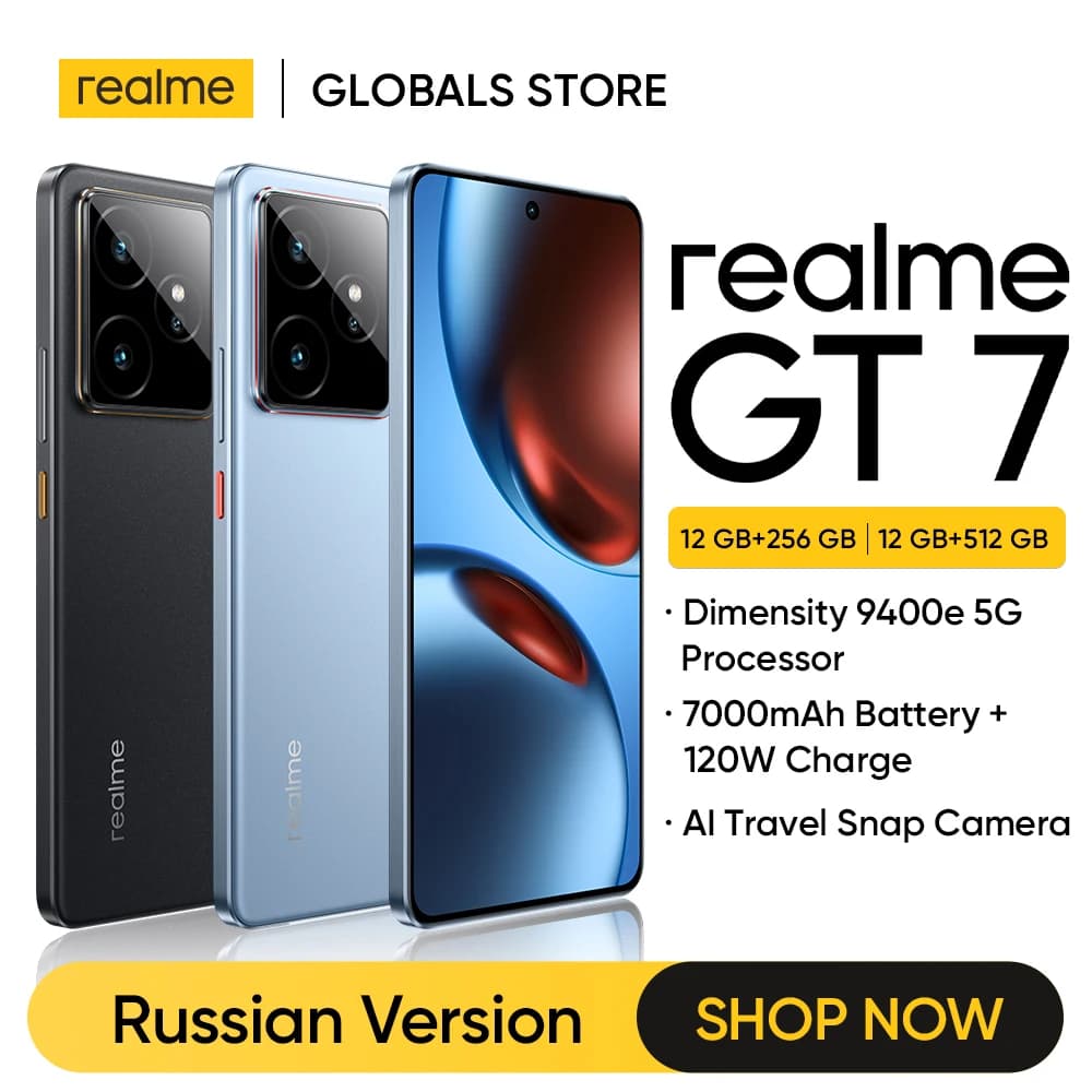 هاتف ذكي realme GT 7 5G نسخة روسية معالج Dimensity 9400e بطارية 7000 مللي أمبير شحن 120 واط كاميرا 50 ميجابكسل Sony IMX906 OIS NFC