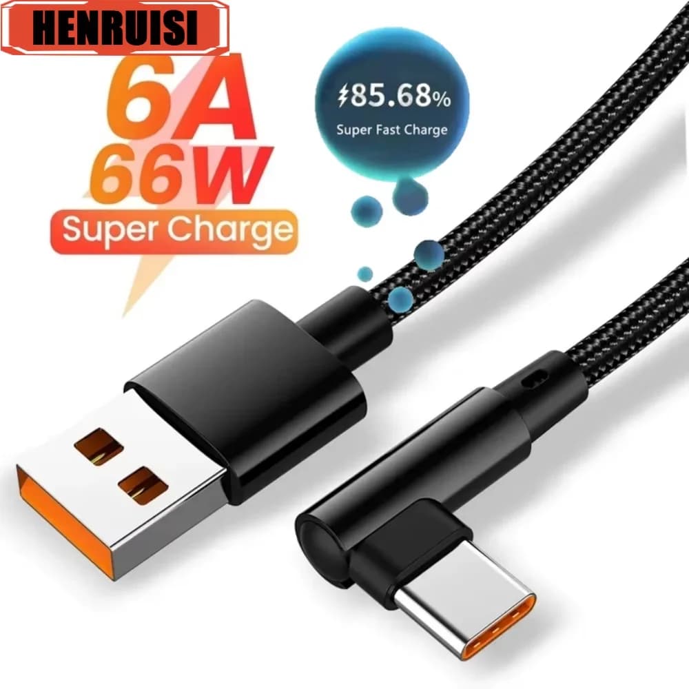 كابل USB C بقوة 6A و66 واط بزاوية 90 درجة من نوع Type-C للشحن السريع لأجهزة سامسونج وشاومي وهواوي وون بلس وأندرويد بطول 0.25-3 متر
