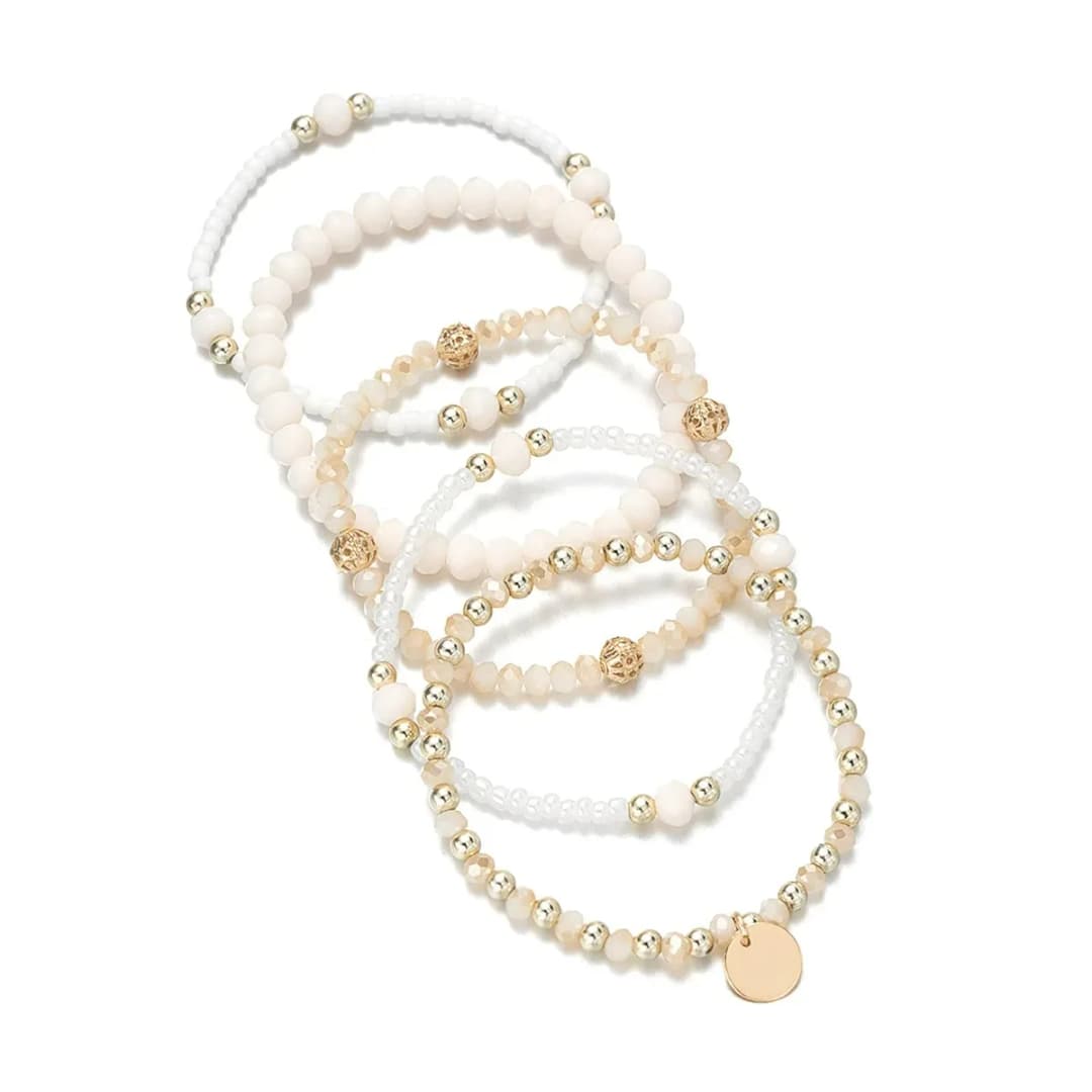 5Pcs/Set Charm Resin Beaded Fashion Bracelet Set for Women Round Piece Elastic Bead Chain Bangle Wrist Strap Vacation Jewelry - 5