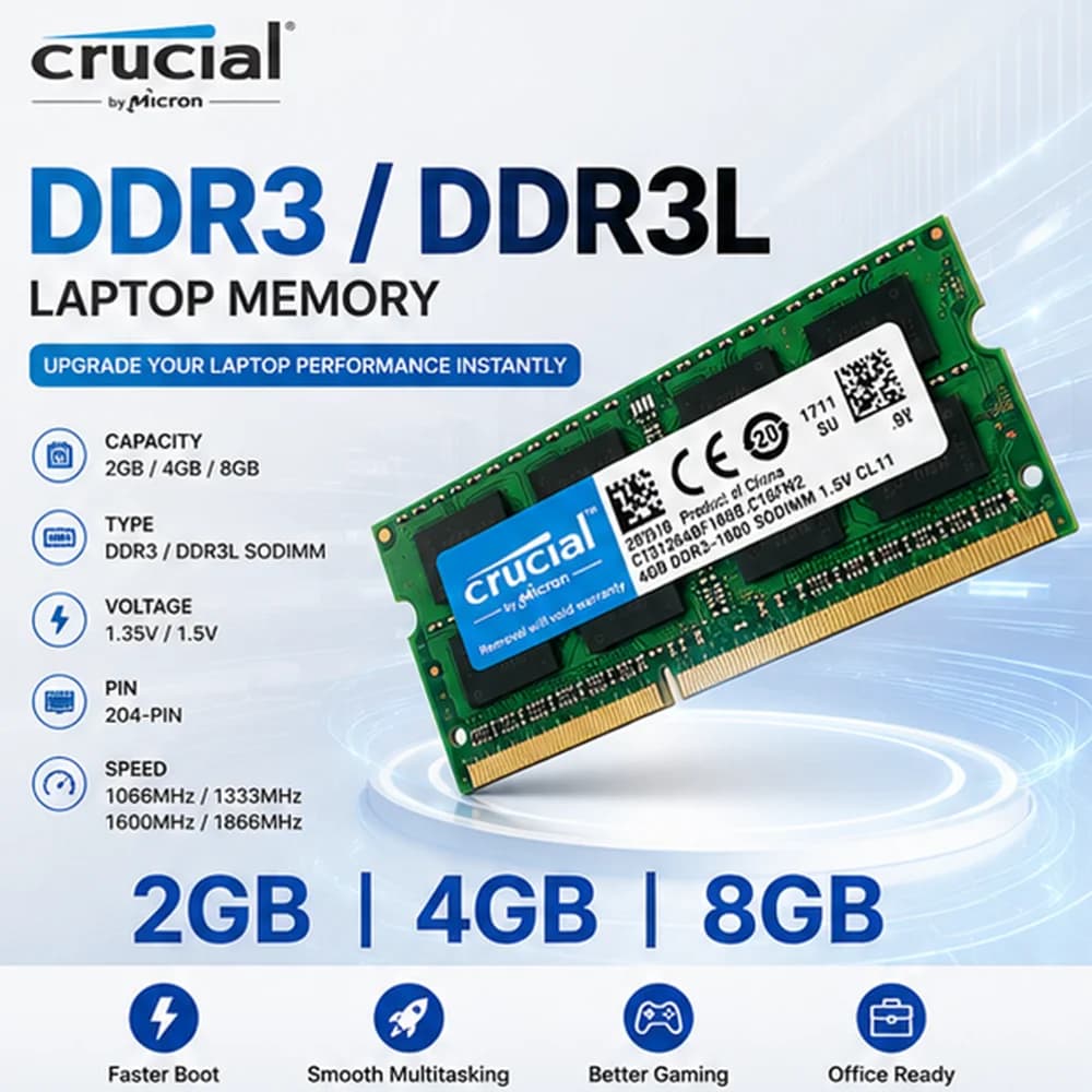 Crucial Notebook DDR3 Memory DDR3L RAM 2GB 4GB 8GB SODIMM 1066 1333 1666 1866MHz 204Pin 1.35V/1.5V RAM PC3-10600 12800 Laptop