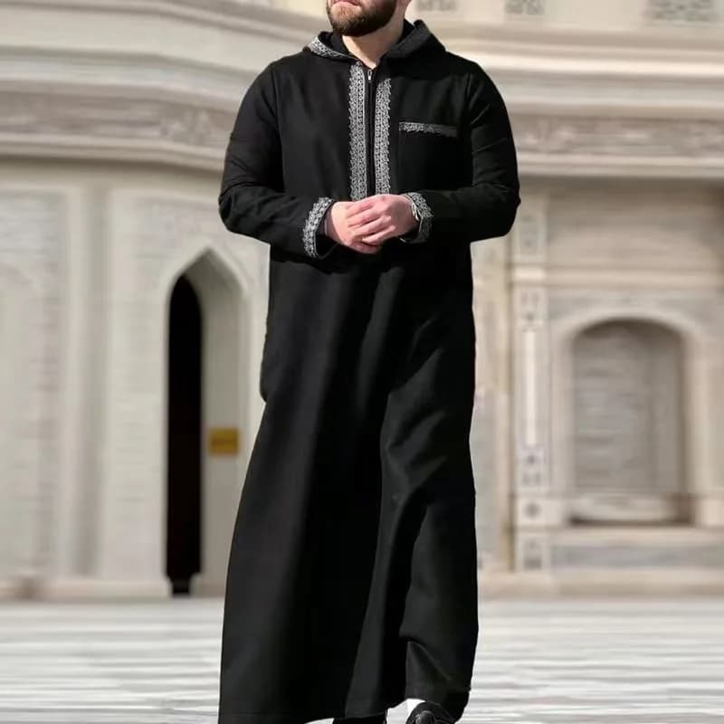 New Muslim men's long robe, Islamic hooded ethnic clothing, elegant retro MiddleEastern embroidery men's simple casual long robe - 4