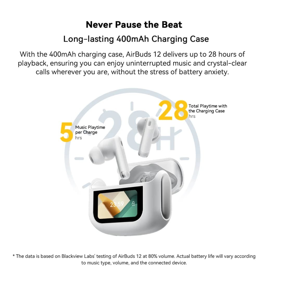 سماعات بلاك فيو إيربودز 12 اللاسلكية داخل الأذن مع شاشة تعمل باللمس، توصيل هوائي للصوت، باس ENC، بطارية 400 مللي أمبير، مقاومة للماء IPX7 - 5