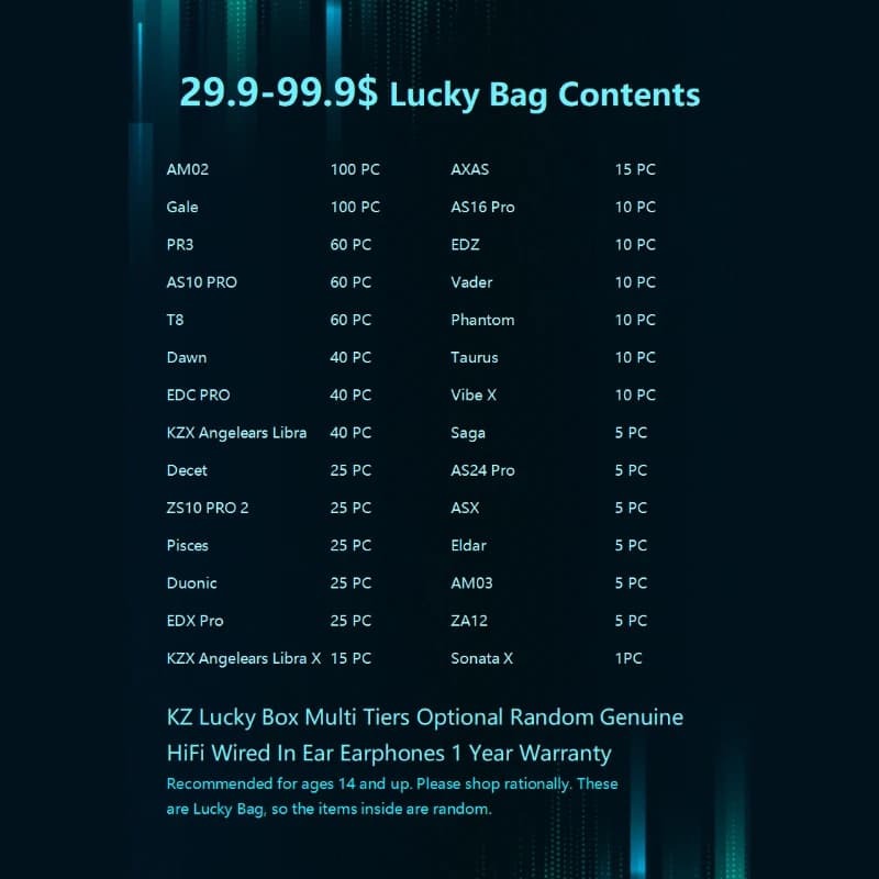 KZ Official 3-10pcs HiFi IEM Lucky Bag Multi-Tier Random Gale Dawn AS16 Pro Decet Duonic Saga Taurus Phantom 1Y Warranty - 3
