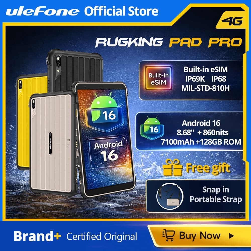 جهاز Ulefone RugKing Pad Pro اللوحي المتين 4G بشاشة 8.68 بوصة و90 هرتز وبطارية 7100 مللي أمبير بنظام أندرويد 16 وذاكرة تصل إلى 16 جيجابايت وسعة تخزين 128 جيجابايت، نسخة عالمية