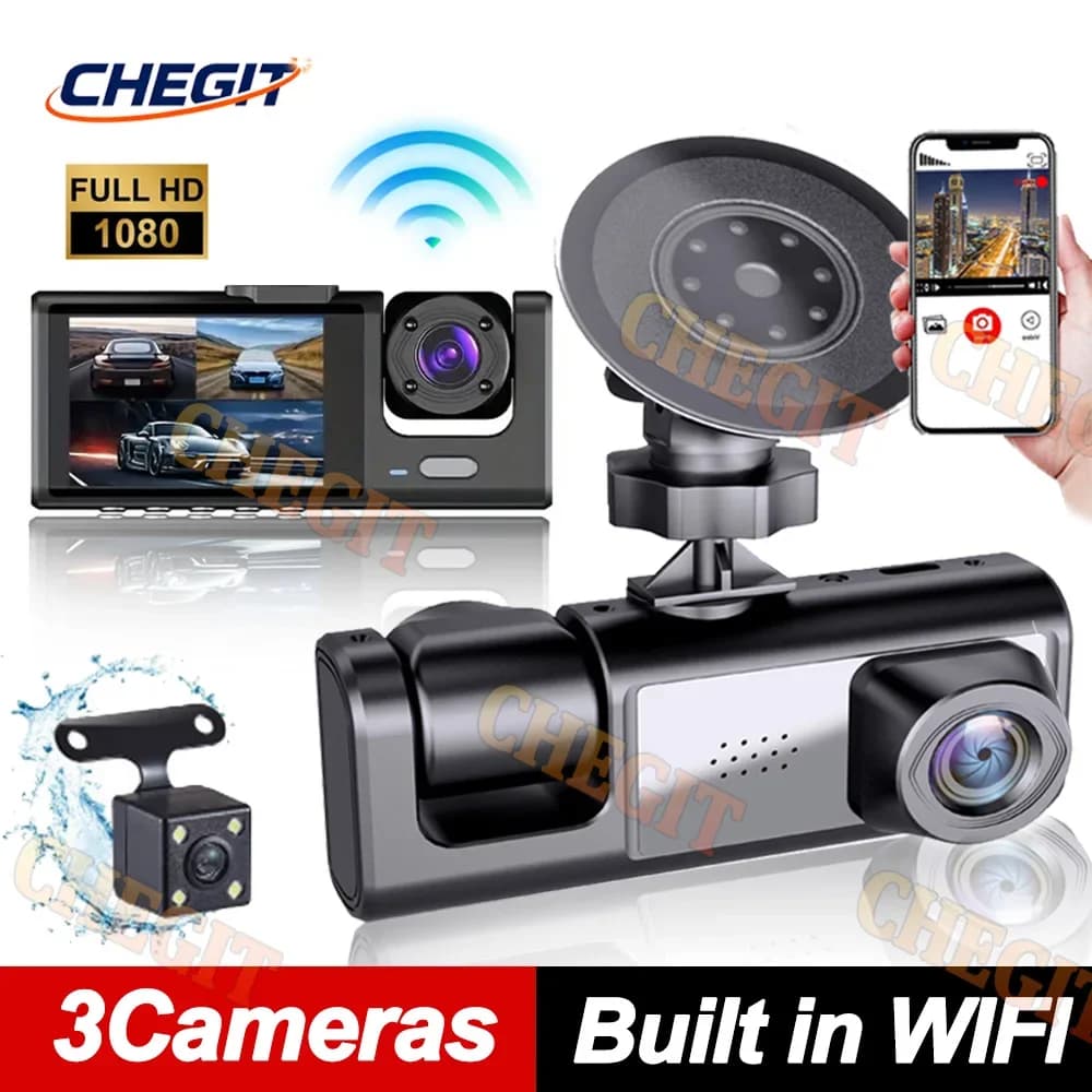 واي فاي 3 قناة مسجل سيارة صغير كاميرا سيارة ثلاثية الاتجاهات كاميرا داخل المركبة مسجل FHD 1080P فيديو كاميرا سيارة مسجل أسود