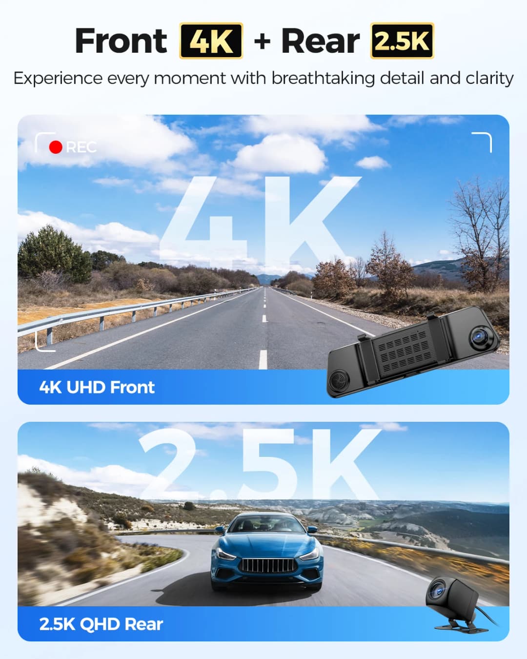 AZDOME PG17 MAX Front and Rear Dash Cam 12 Inch Touch Screen Car DVR 4K+2.5K Rearview Mirror Camera GPS WIFI Voice Control ADAS - 2